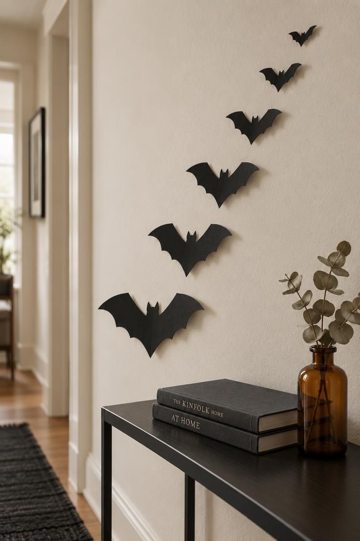 13 Cozy Halloween Apartment Decor Ideas for Small Spaces 1 Close-up of a pale apartment hallway wall with matte black paper bats in graduated sizes sweeping diagonally upward, with a slim console holding dried eucalyptus below.