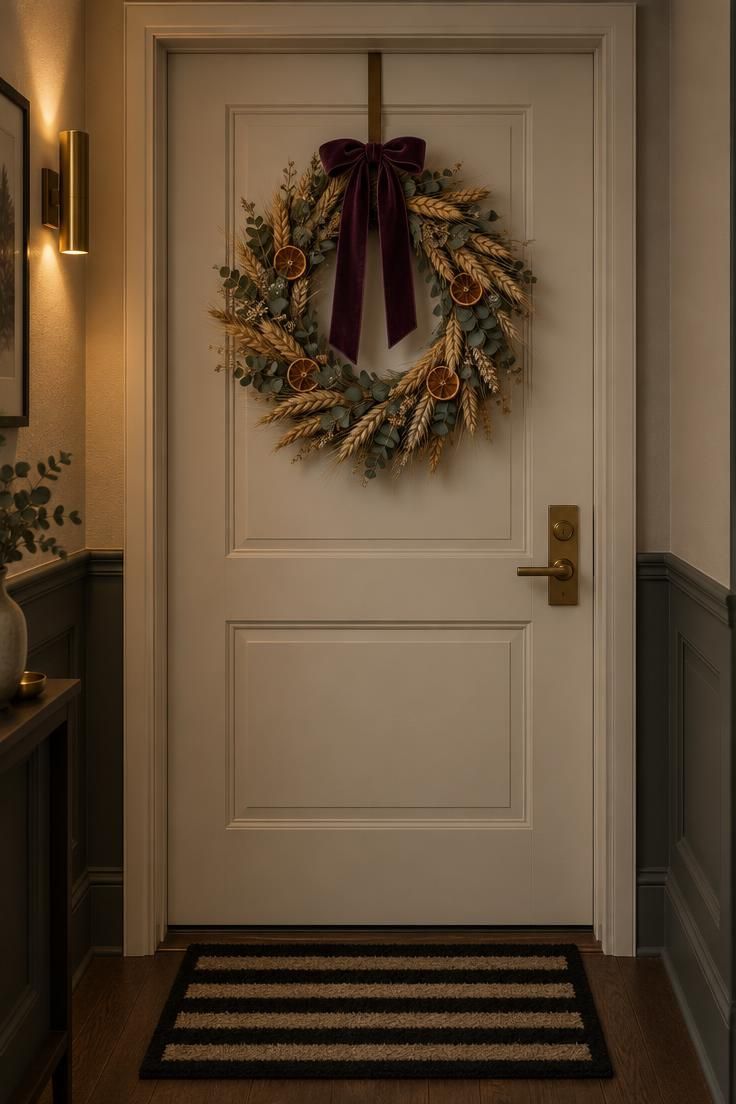 13 Cozy Halloween Apartment Decor Ideas for Small Spaces 2 Apartment entry door with a dried wheat and eucalyptus wreath tied with a deep plum velvet ribbon, shown straight on above a black-and-cream striped doormat.