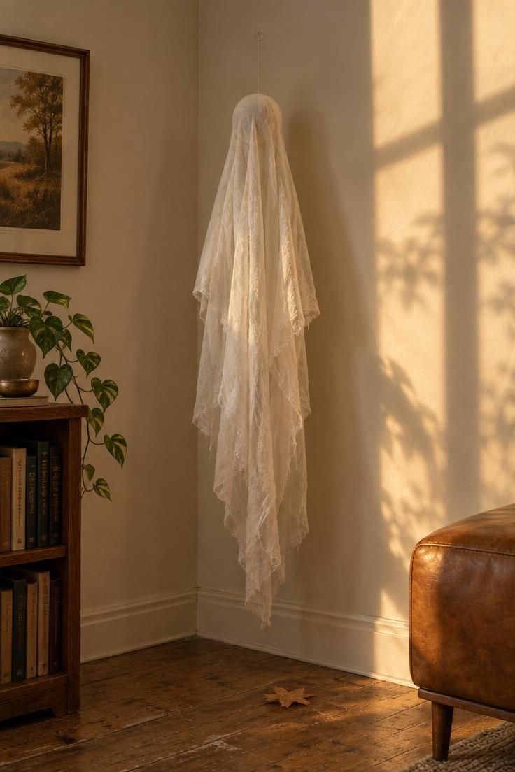 13 Cozy Halloween Apartment Decor Ideas for Small Spaces 3 Cheesecloth ghost hanging in a pale apartment corner with soft draped folds and a featureless head, lit by warm late-afternoon light.