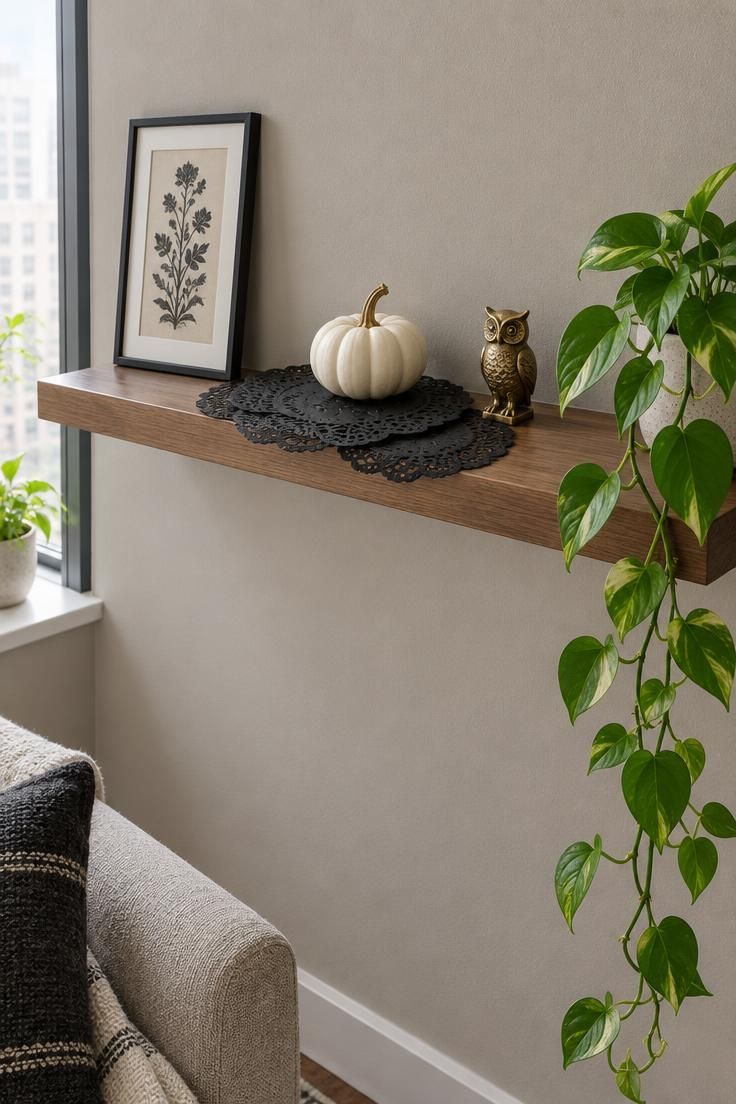 13 Cozy Halloween Apartment Decor Ideas for Small Spaces 4 Narrow floating shelf styled with layered black lace doilies under a small white pumpkin, a brass owl figurine, and a trailing pothos vine.