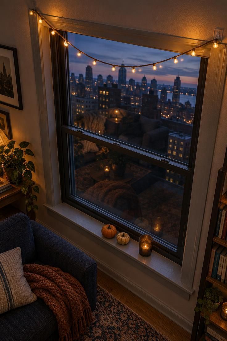 13 Cozy Halloween Apartment Decor Ideas for Small Spaces 5 Overhead view of warm amber string lights swagged above an apartment window at twilight, with two tiny pumpkins on the sill below.