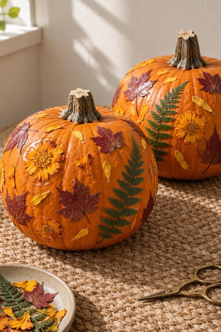 13 Cozy Halloween Apartment Decor Ideas for Small Spaces 6 Close-up of two no-carve pumpkins decorated with pressed marigold petals and maple leaves, arranged on a jute mat.
