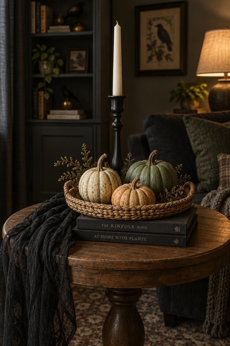 13 Cozy Halloween Apartment Decor Ideas for Small Spaces 7 Halloween tabletop vignette on a round wooden side table with a black candlestick and three muted cream, sage, and pale orange gourds on a woven tray.