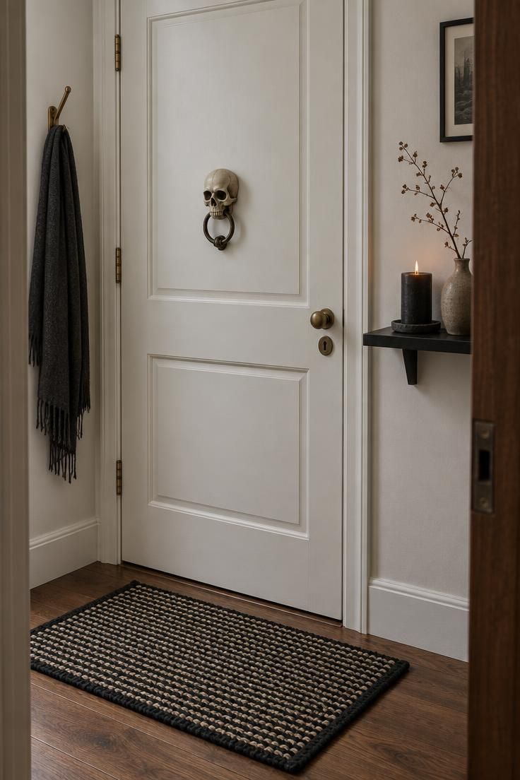 13 Cozy Halloween Apartment Decor Ideas for Small Spaces 8 Small apartment Halloween entryway with a resin skull door knocker on the inside of the entry door, a narrow shelf with a black candle, and a black-and-cream doormat.