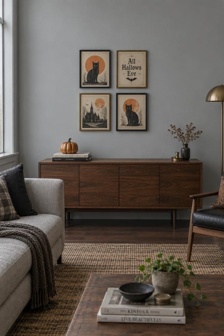 13 Cozy Halloween Apartment Decor Ideas for Small Spaces 9 Tight cluster of four framed vintage Halloween prints in black and brass frames above a low console on a cool grey apartment wall.