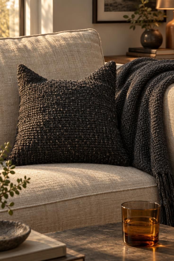 13 Cozy Halloween Apartment Decor Ideas for Small Spaces 11 Close-up of a woven black cat throw pillow on an oatmeal linen sofa with a charcoal knit blanket folded over the arm.