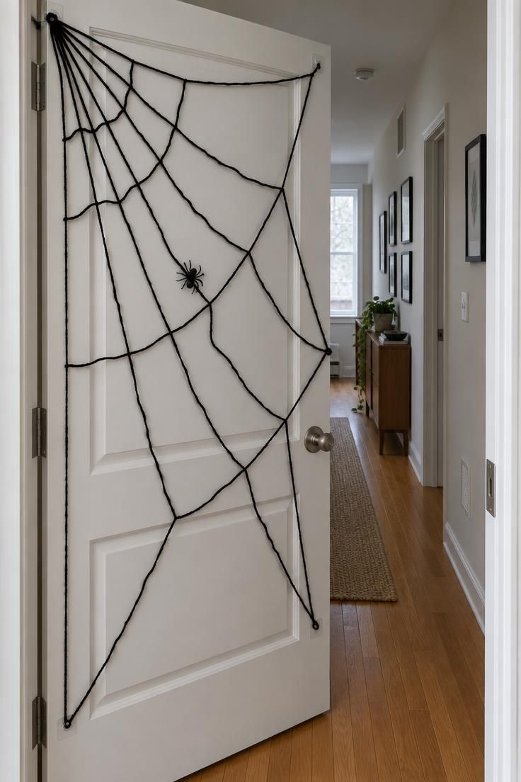 13 Cozy Halloween Apartment Decor Ideas for Small Spaces 12 White interior apartment door with a black yarn spiderweb stretched from the upper corner across the panels and a small spider near the center.