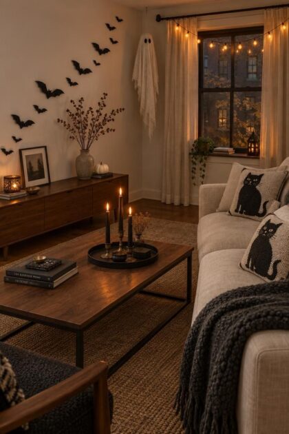 13 Cozy Halloween Apartment Decor Ideas for Small Spaces Cozy small apartment living room with matte black paper bats on a pale wall, a cheesecloth ghost in the corner, black taper candles on a tray, black cat pillows on the sofa, and amber string lights above the window.