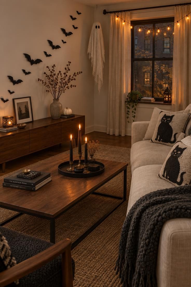 Simple Spaces 15 Cozy small apartment living room with matte black paper bats on a pale wall, a cheesecloth ghost in the corner, black taper candles on a tray, black cat pillows on the sofa, and amber string lights above the window.