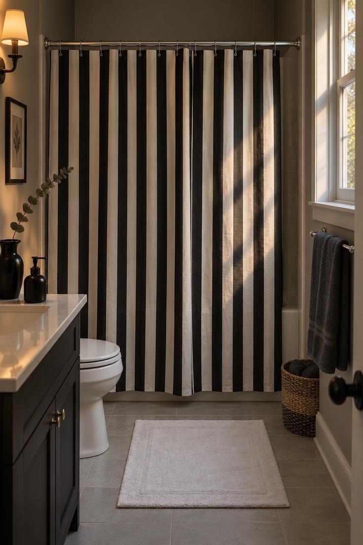 Black-and-white vertical-striped shower curtain on a chrome rod seen from a bathroom doorway, with a white bath mat, black soap dispenser, charcoal towel, and dried eucalyptus in a black vase.