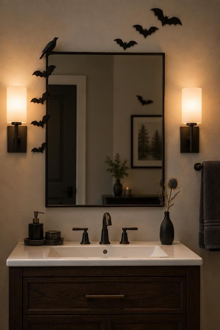 Bathroom mirror with black bat clings climbing the top and left frame in an upward diagonal, warm sconce light, clear glass center, white sink and dark wood vanity below.