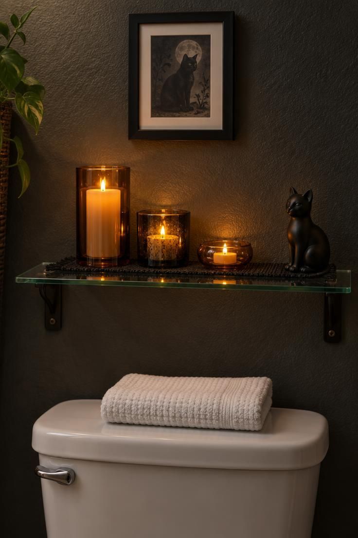 Battery-operated pillar, votive, and tea light candles in amber and black glass holders on a glass shelf above a white toilet tank, with a black cat figurine and textured black cloth.