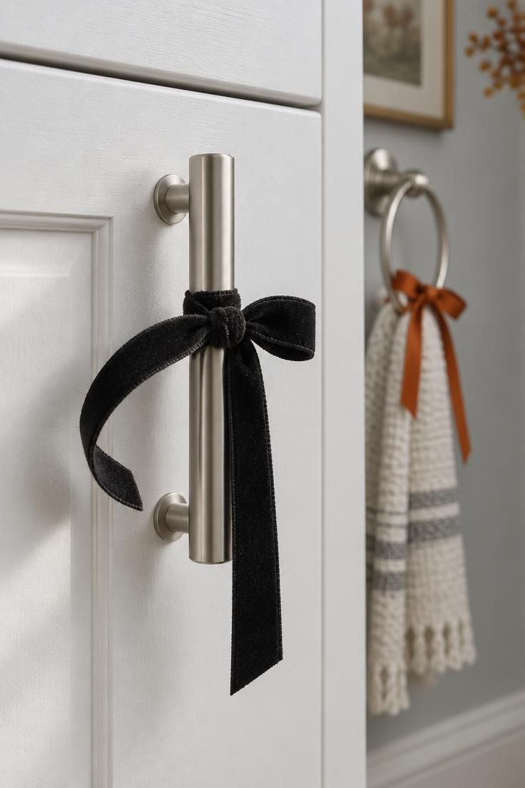 Close-up of a brushed nickel cabinet pull with a black velvet ribbon tied in a bow, one tail curled, on a white cabinet door, with a thin burnt orange ribbon on a towel ring behind.