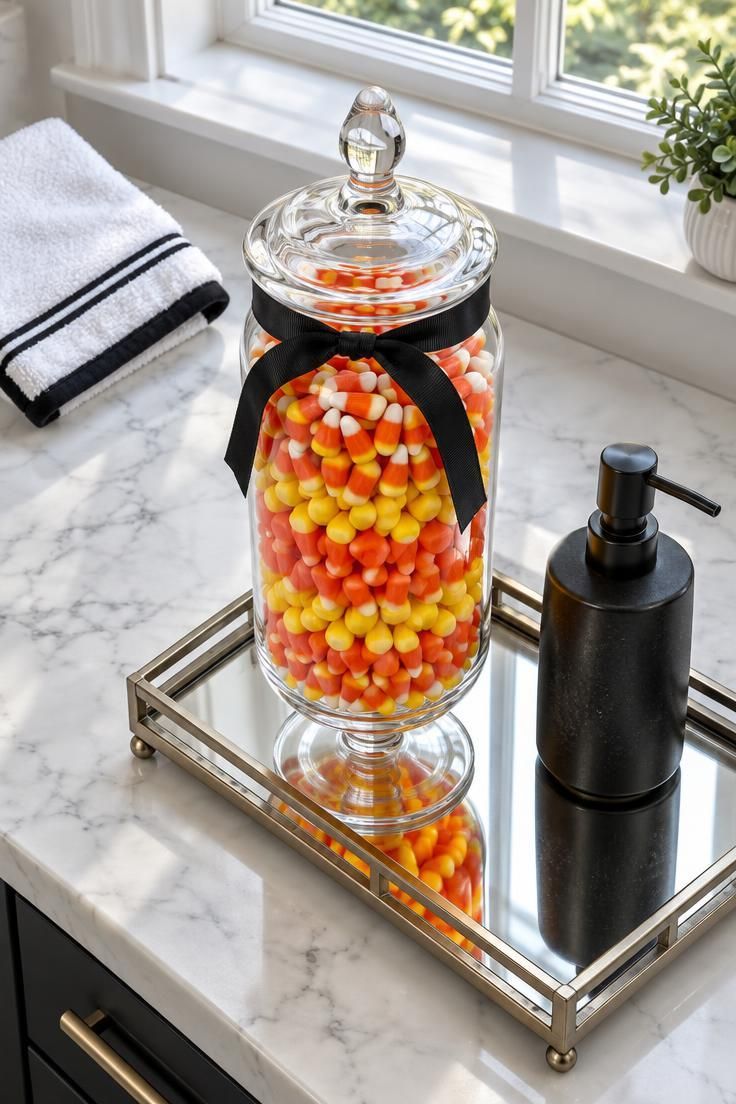 Overhead view of a tall glass apothecary jar filled with candy corn on a mirrored tray, with a black soap pump and a folded white towel on a white counter.