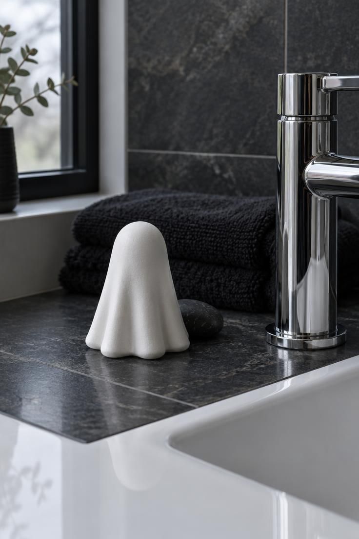 Small matte white ceramic ghost figurine on a black stone tile beside a chrome faucet base, with a folded black hand towel and a black pebble behind it.
