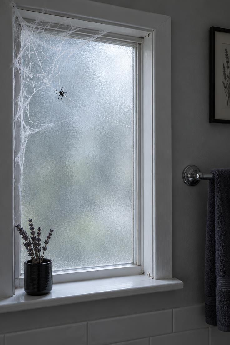 Bathroom window with a white spider web cling in the upper left corner and a small black plastic spider off-center, frosted glass glowing with cool daylight, dried lavender on the sill.