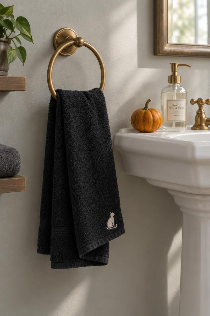Black cotton hand towel with a small embroidered cat silhouette draped over a brass towel ring beside a white pedestal sink, with an orange gourd on the ledge.