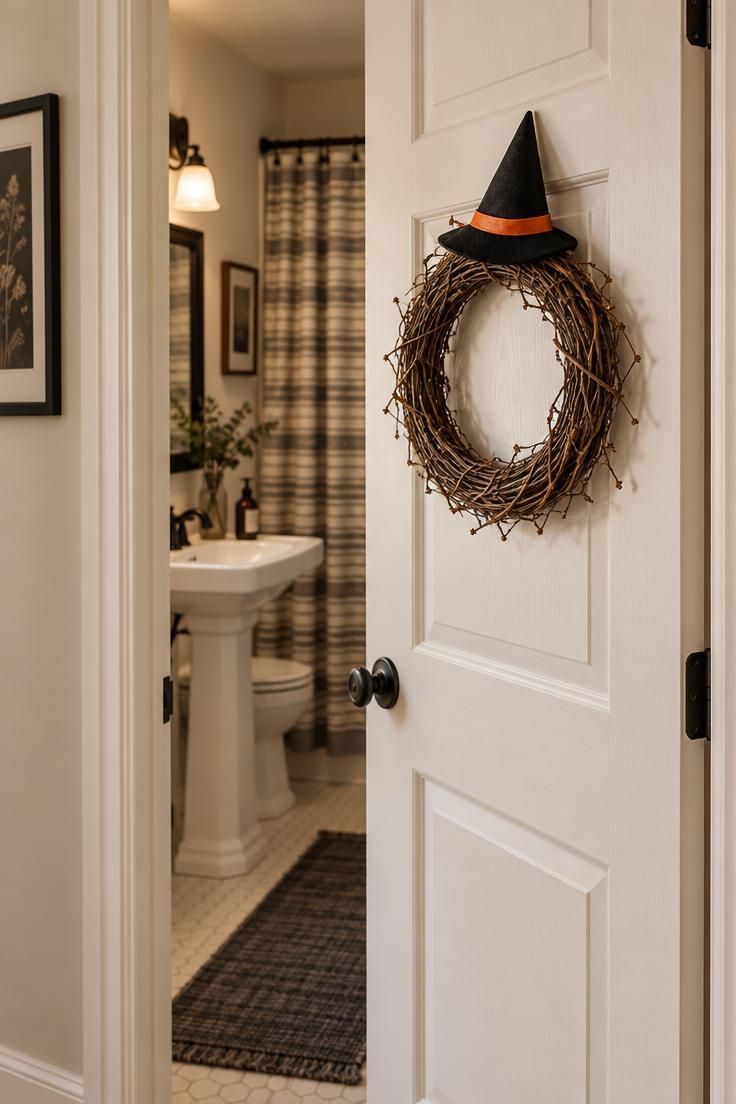 Small grapevine wreath with a black fabric witch hat and orange ribbon band hanging on a white bathroom door, seen from a hallway with the interior softly out of focus.