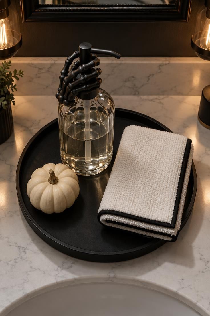 Overhead view of a clear soap dispenser with a black plastic skeleton hand gripping the pump, on a round matte black tray with a folded white towel and a cream mini pumpkin.