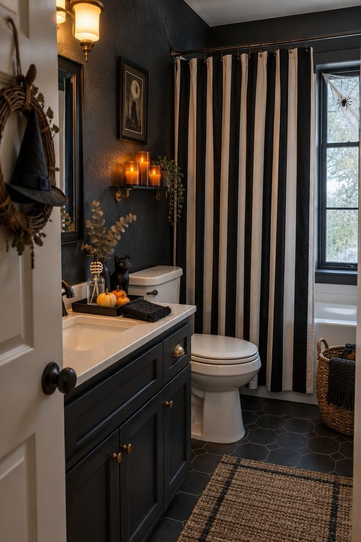Simple Spaces 19 Small bathroom styled for Halloween with a striped shower curtain, witch hat wreath on the door, vanity tray of miniature pumpkins and a skeleton hand soap dispenser, battery-operated candles on a glass shelf, and a spider web on the window.