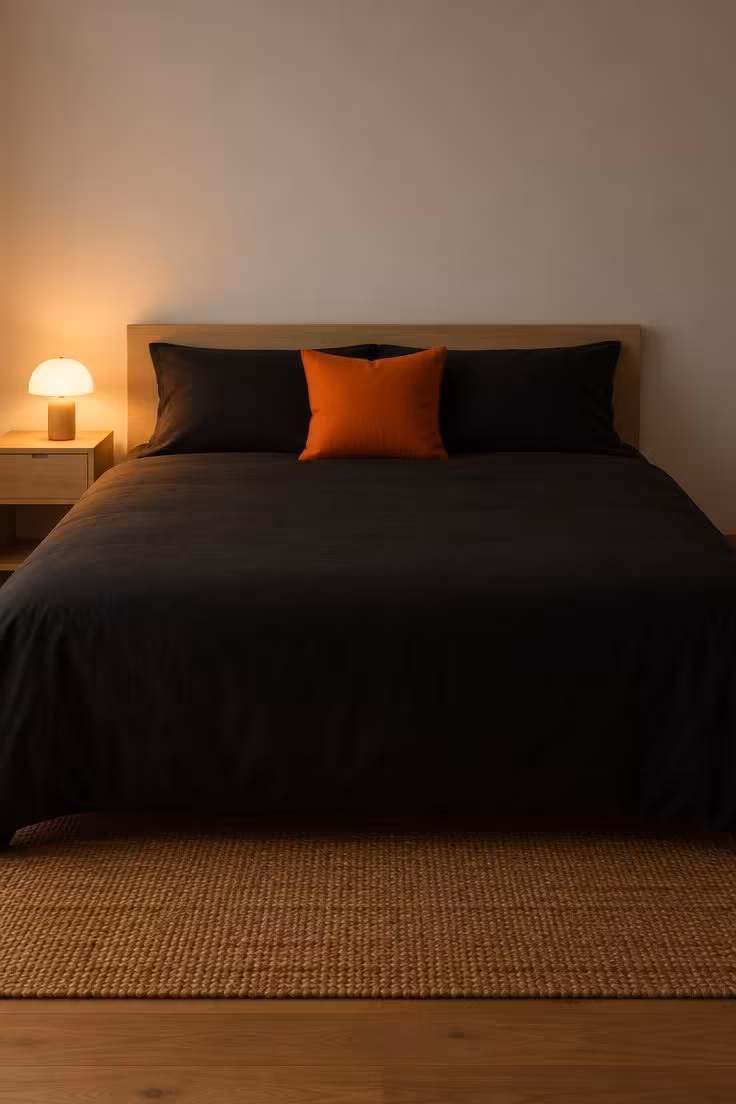 A made bed with matte black bedding and one centered orange pillow against a bare white wall, lit by a single warm bedside lamp.