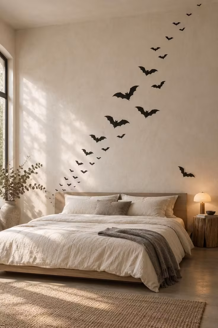A trail of matte black bat decals rising diagonally across a pale wall above a low platform bed with cream bedding.