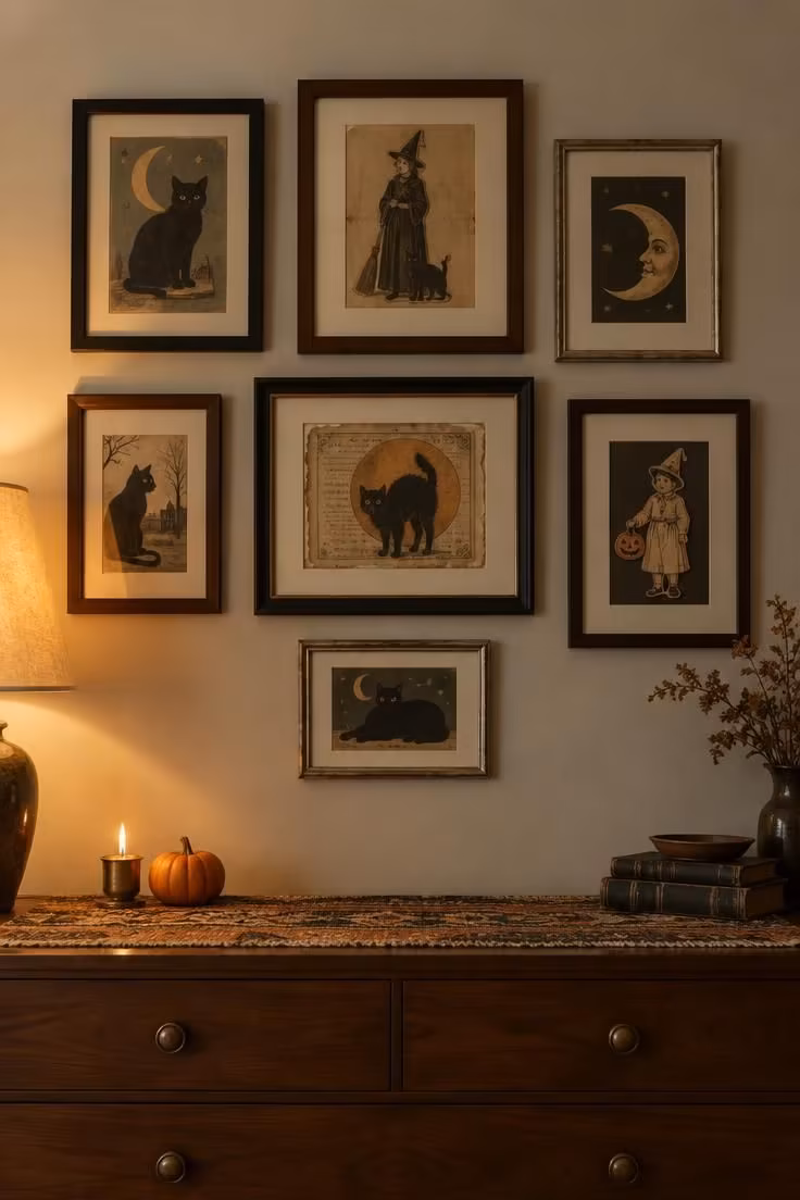 A gallery wall of mismatched framed vintage Halloween prints above a walnut dresser with a candle and mini pumpkin.