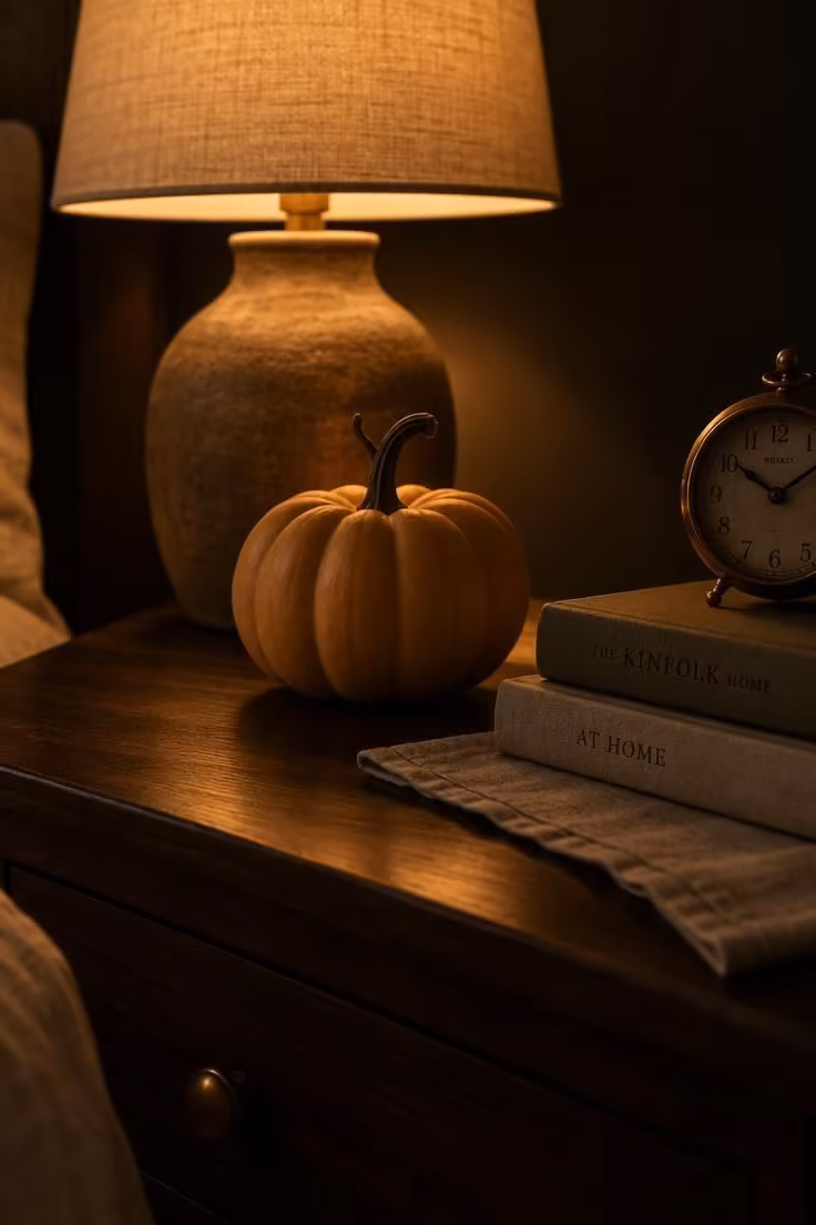 A small pumpkin on a nightstand silhouetted against a warm lamp, with stacked books and a brass clock nearby.