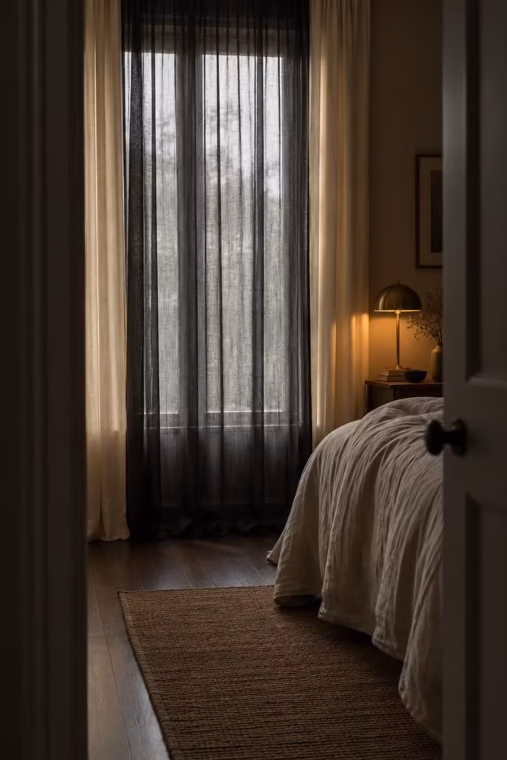 Sheer black curtain panels layered over cream curtains at a bedroom window, with soft diffused light behind.