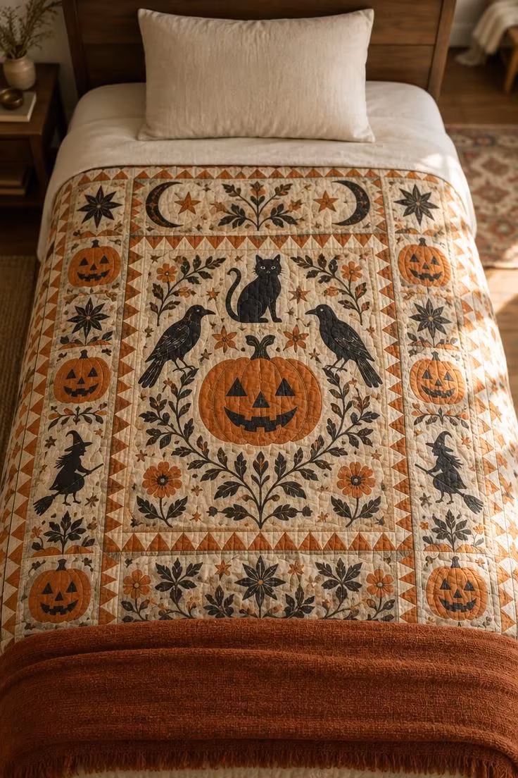 An overhead view of a folk-art Halloween quilt in faded orange and cream over plain sheets, with a rust throw at the foot.