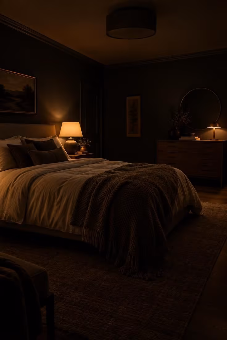 A bedroom at night with overhead light off, two small warm lamps glowing between pools of soft shadow.