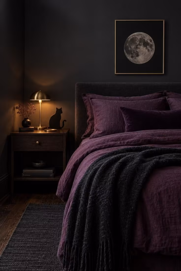 A bedroom corner with charcoal walls, plum bedding, a black throw, and a single brass lamp glowing warm.
