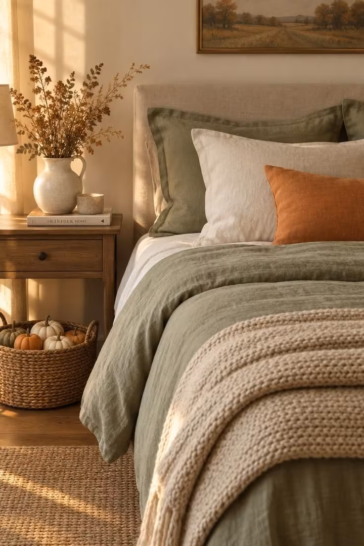 A bed with sage and cream bedding and a soft orange pillow, with a basket of small pumpkins on the floor.