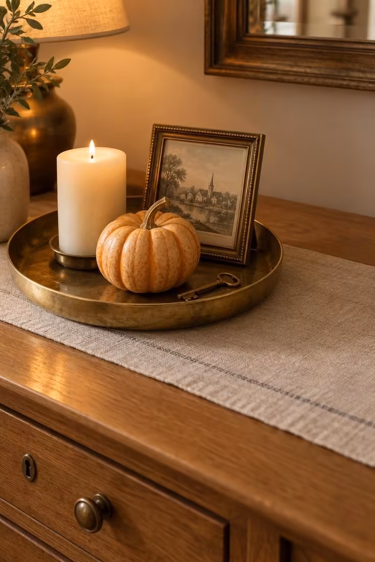 An aged brass tray on a dresser holding a candle, mini pumpkin, framed print, and a brass key.