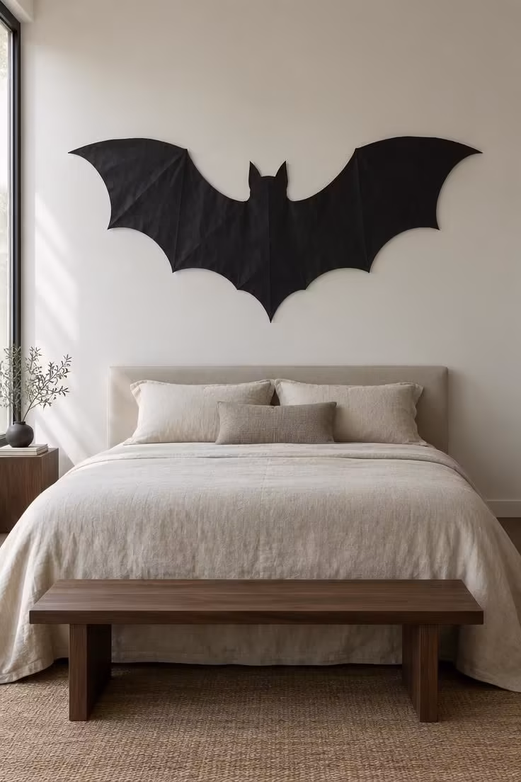 A very large black paper bat on a bare wall above a plainly dressed bed with oatmeal linen.