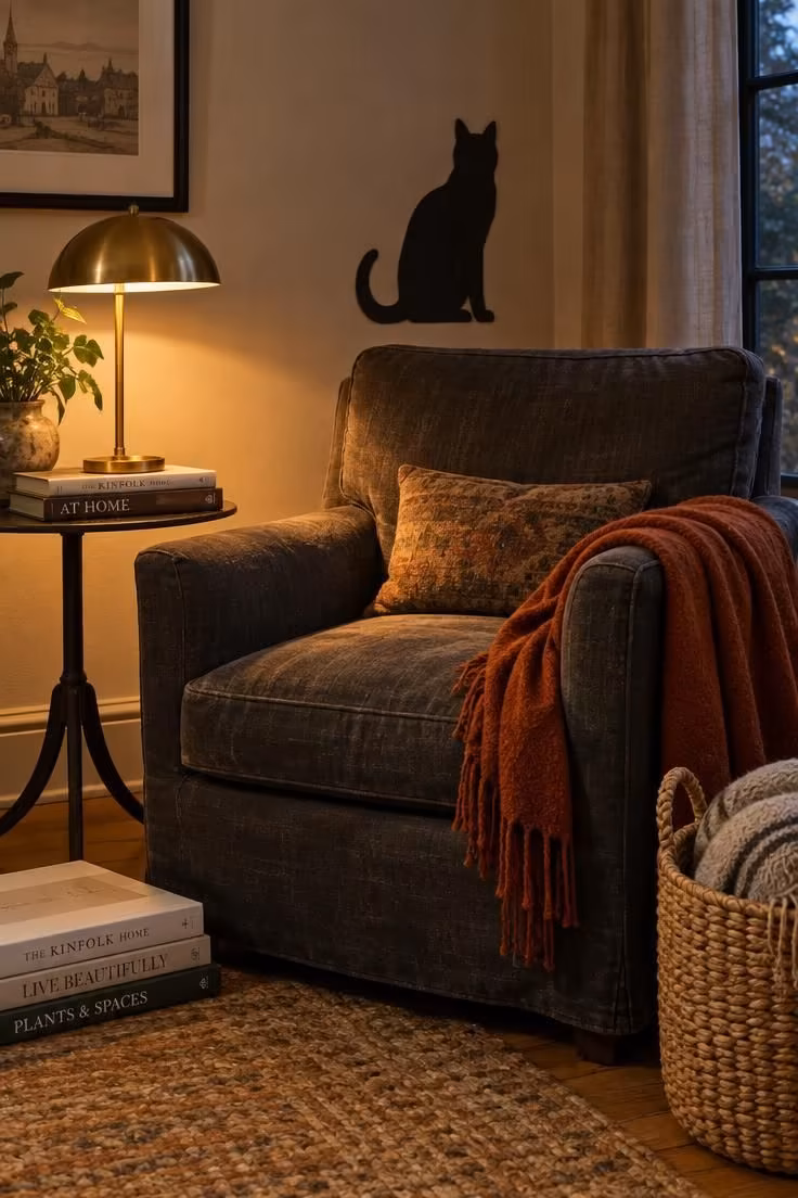 A corner armchair with a rust throw, a small lamp on a side table, and a black cat silhouette on the wall behind.
