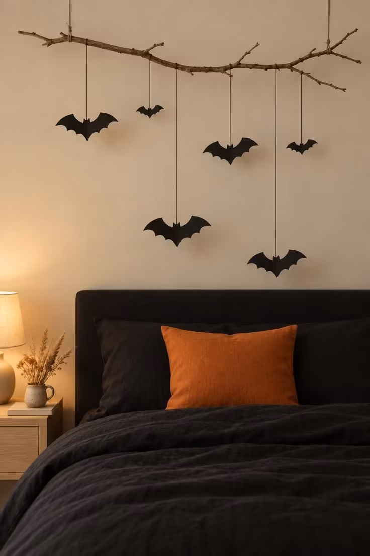 A single bare branch hangs above a made bed, with black paper bats suspended at varying heights over black bedding and one burnt-orange pillow against a warm ivory wall.