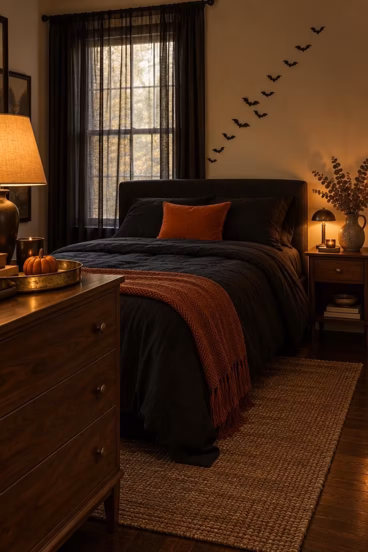 A cozy autumn bedroom with black bedding, one orange pillow, rising bat decals, sheer black curtains, and warm lamplight across a walnut dresser.