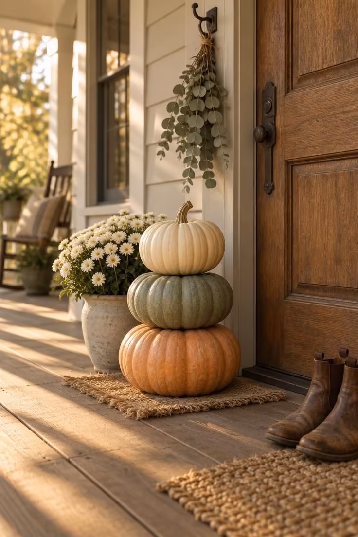 15 Cozy Halloween Decor Ideas for a Welcoming Porch 1 Cream, sage, and pale-orange heirloom pumpkins stacked three high beside a wood door on a covered porch, with a white chrysanthemum behind them and warm afternoon light across the floorboards.