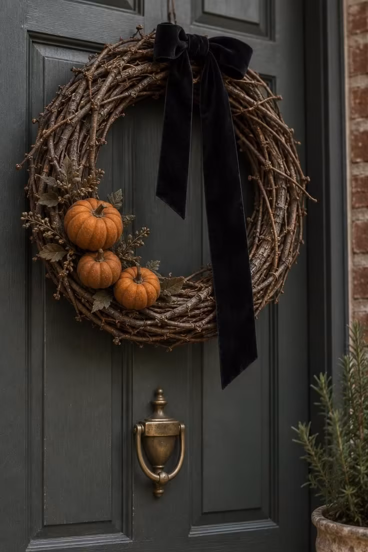 15 Cozy Halloween Decor Ideas for a Welcoming Porch 2 Close view of a grapevine wreath on a wood door with three mini pumpkins tucked into the lower left and a black velvet ribbon trailing from the top.