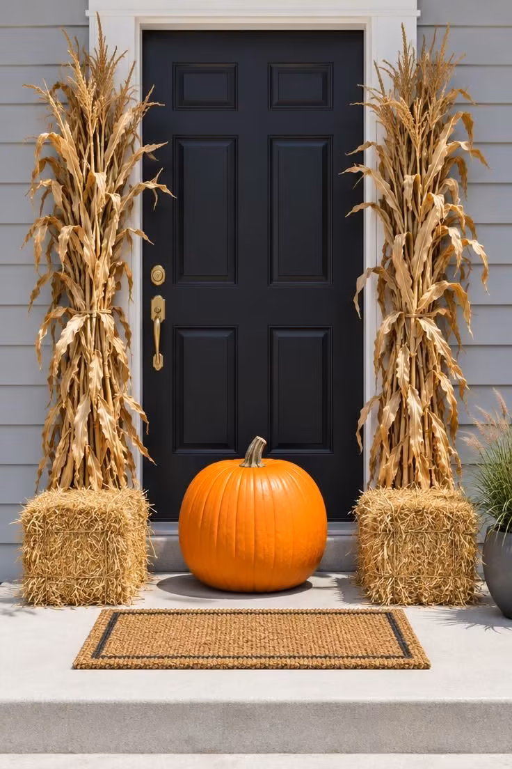 15 Cozy Halloween Decor Ideas for a Welcoming Porch 3 Front door framed by two cornstalk bundles with hay bales at their bases and a single large orange pumpkin centered on the step in bright midday light.
