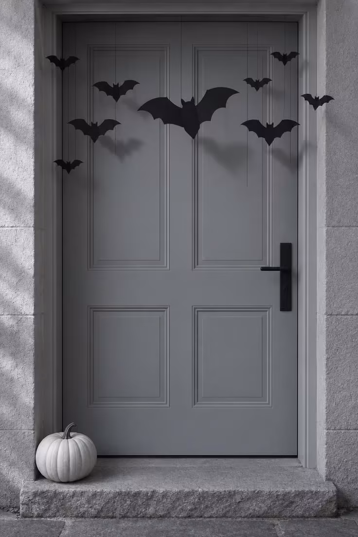 15 Cozy Halloween Decor Ideas for a Welcoming Porch 4 Black paper bats hung at different heights across a pale gray doorway on an overcast afternoon, with a white pumpkin on the step below.