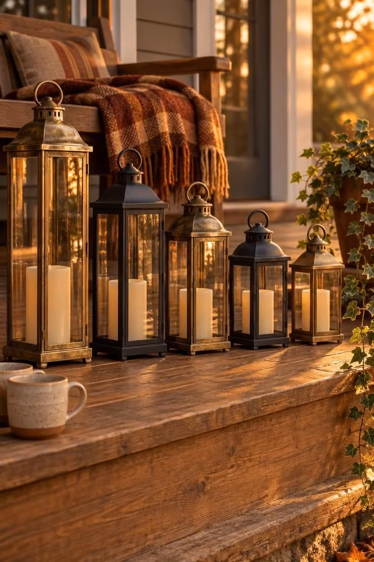 15 Cozy Halloween Decor Ideas for a Welcoming Porch 5 Five mixed-height metal and glass lanterns with flameless candles lined along one edge of a wood porch step in warm evening light.