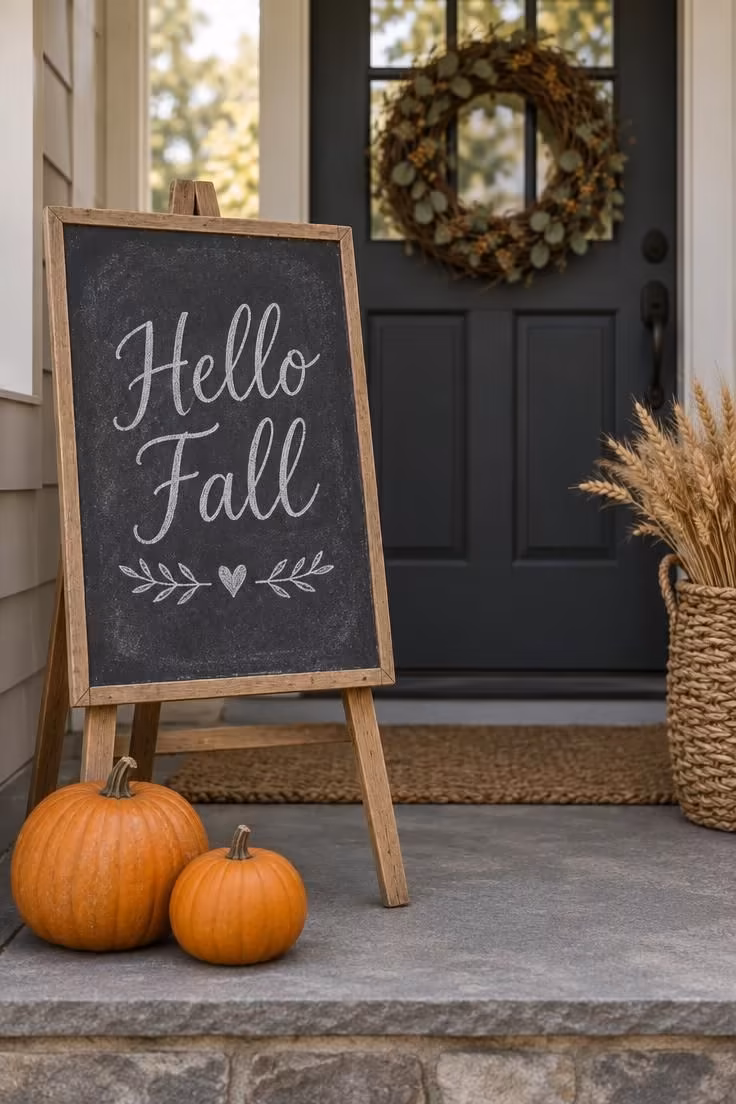 15 Cozy Halloween Decor Ideas for a Welcoming Porch 6 A dark chalkboard sign on a wooden easel beside a front door, lettered with a short seasonal greeting, with two small pumpkins at its base.