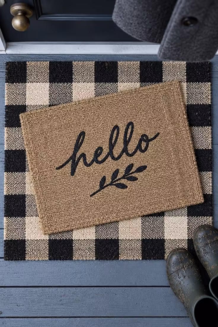 15 Cozy Halloween Decor Ideas for a Welcoming Porch 7 Overhead view of a buffalo check doormat with a smaller burlap mat layered on top at an angle on a porch step.