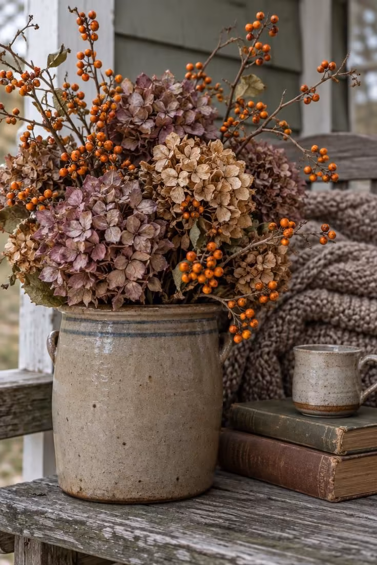 15 Cozy Halloween Decor Ideas for a Welcoming Porch 8 A stoneware crock on a porch bench holding dried hydrangeas in mauve and tan with orange bittersweet branches, beside a folded knit blanket.