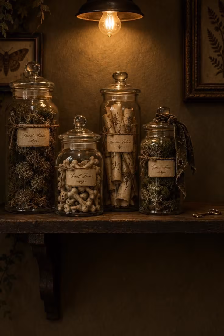 15 Cozy Halloween Decor Ideas for a Welcoming Porch 9 Four clear apothecary jars on a narrow porch shelf holding moss, faux bone shapes, and paper labels, lit by a single warm bulb above.