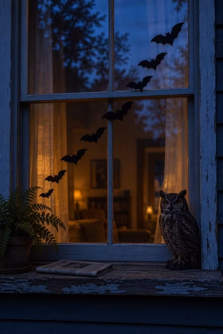 15 Cozy Halloween Decor Ideas for a Welcoming Porch 10 Black paper bats arranged in a rising diagonal across a porch window at dusk, with a faux owl perched on the sill below.