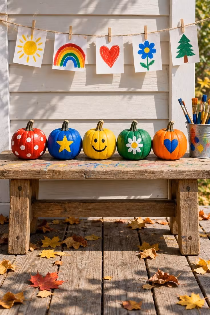 15 Cozy Halloween Decor Ideas for a Welcoming Porch 11 Five bright painted mini pumpkins lined up on a low wooden porch bench, with small painted drawings clipped on a line above.