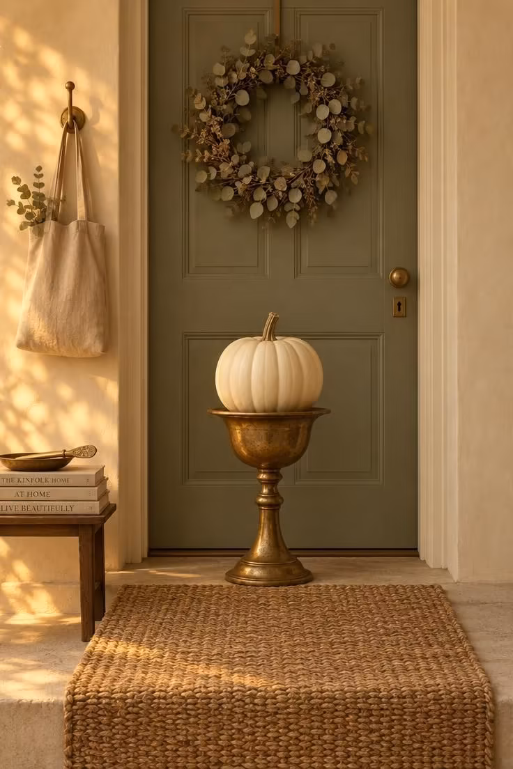 15 Cozy Halloween Decor Ideas for a Welcoming Porch 12 A cream pumpkin on a brass pedestal in a neutral entryway with a dried eucalyptus wreath above and a woven runner on the step.